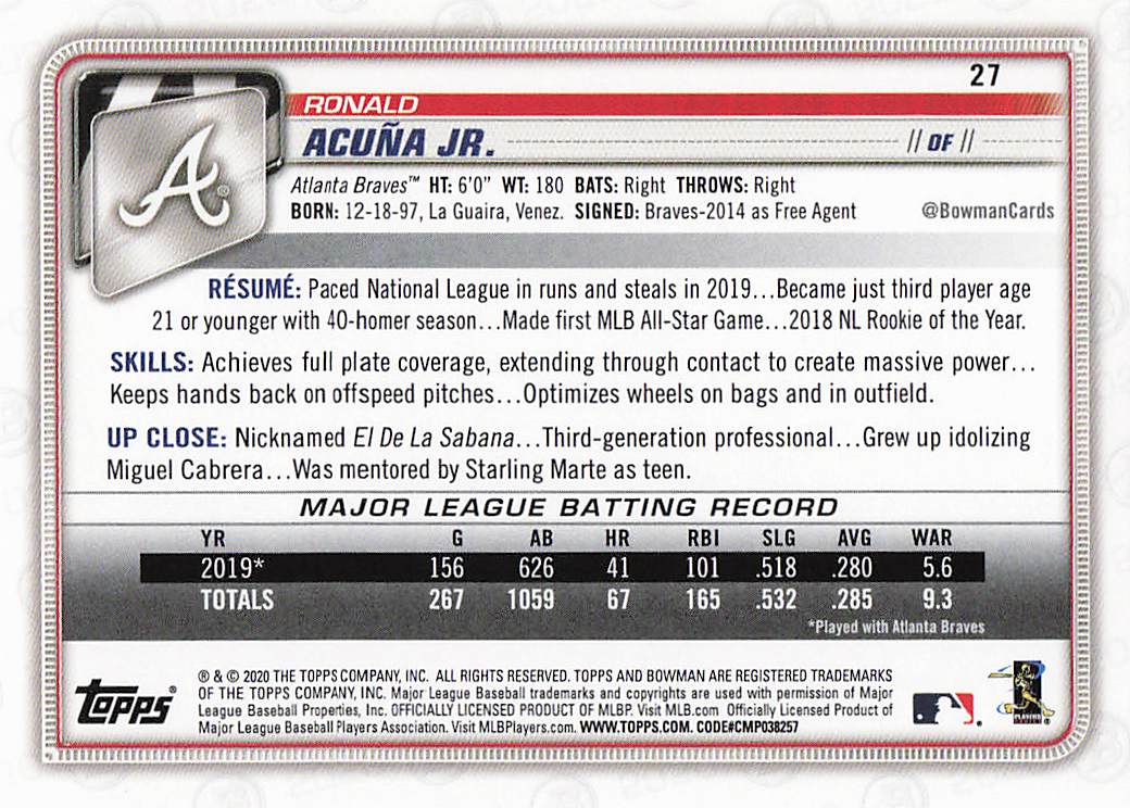 2020 Bowman Baseball Ronald Acuña Jr. #27
