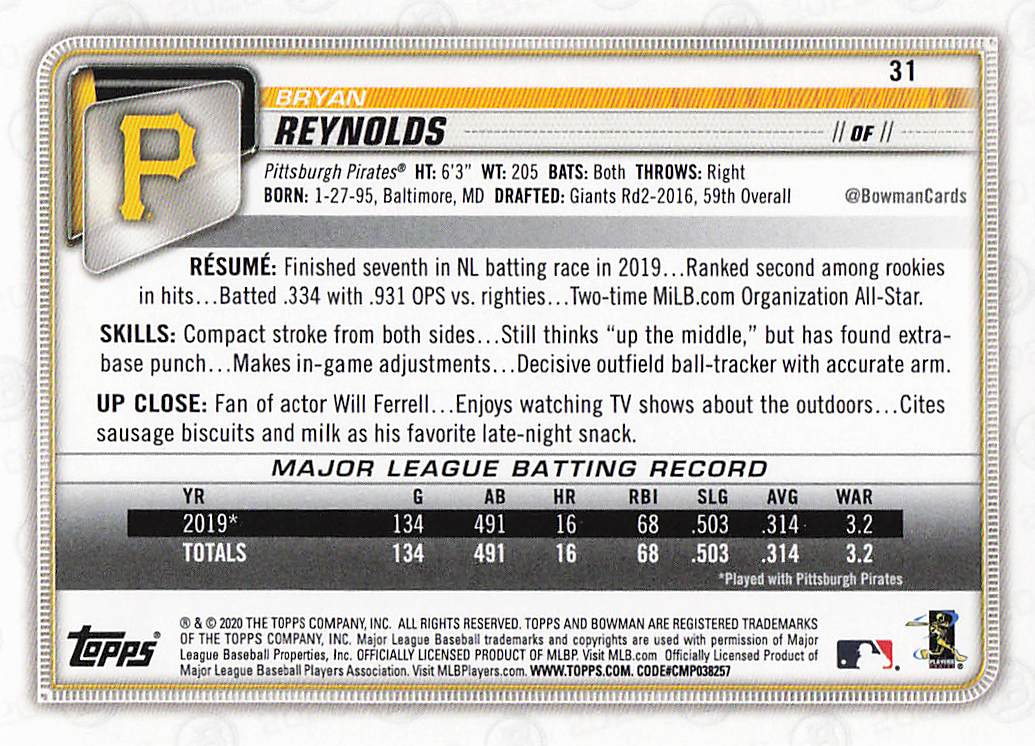 2020 Bowman Baseball Bryan Reynolds #31