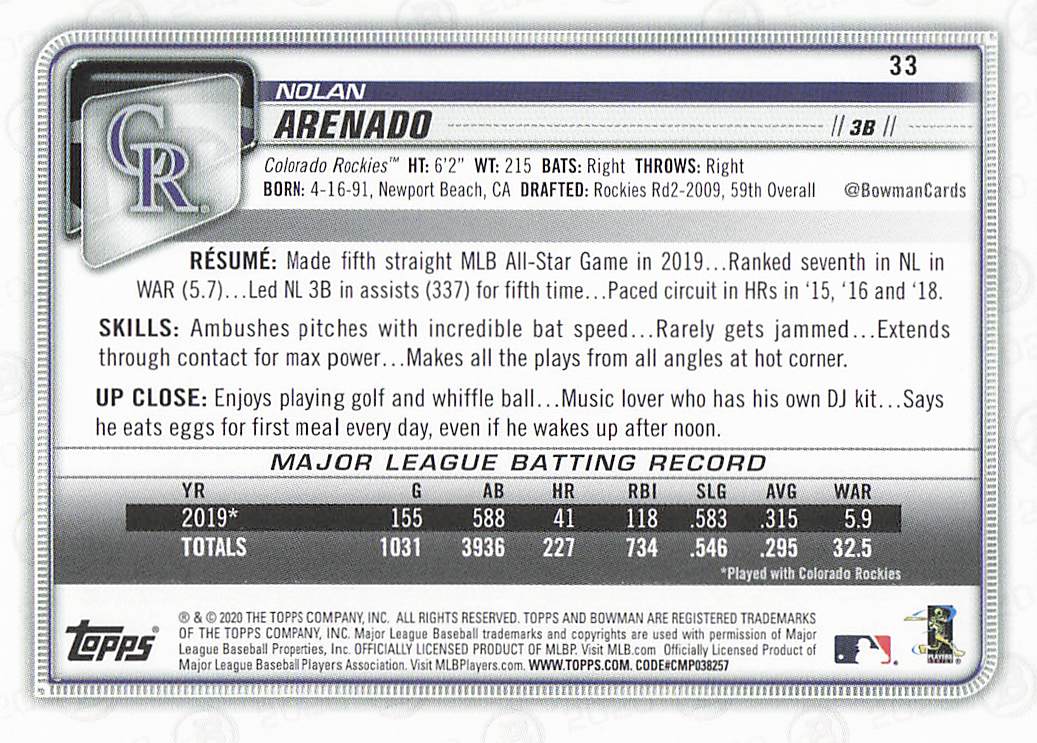 2020 Bowman Baseball Nolan Arenado #33