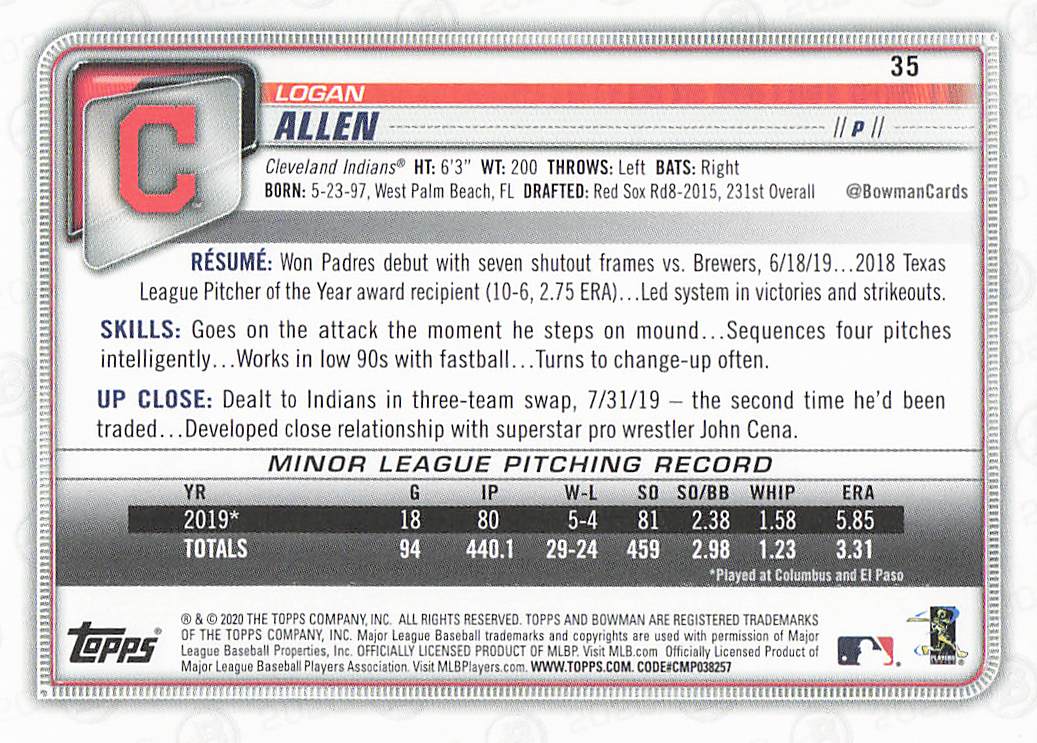 2020 Bowman Baseball Logan Allen #35 Rookie