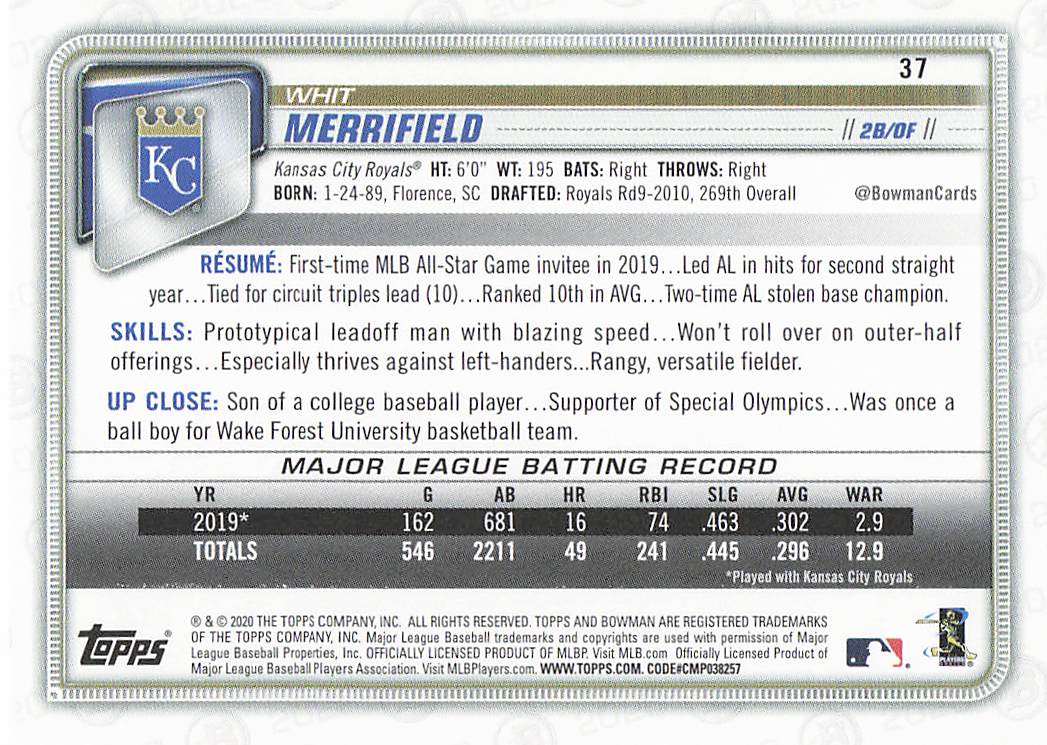 2020 Bowman Baseball Whit Merrifield #37
