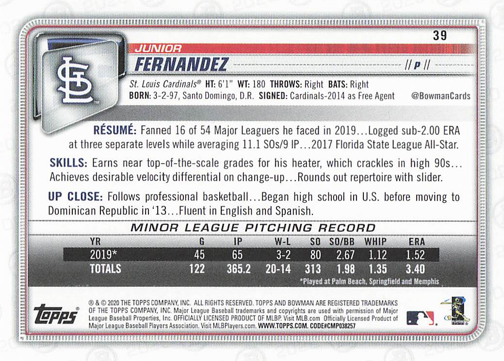 2020 Bowman Baseball Junior Fernandez #39 Rookie