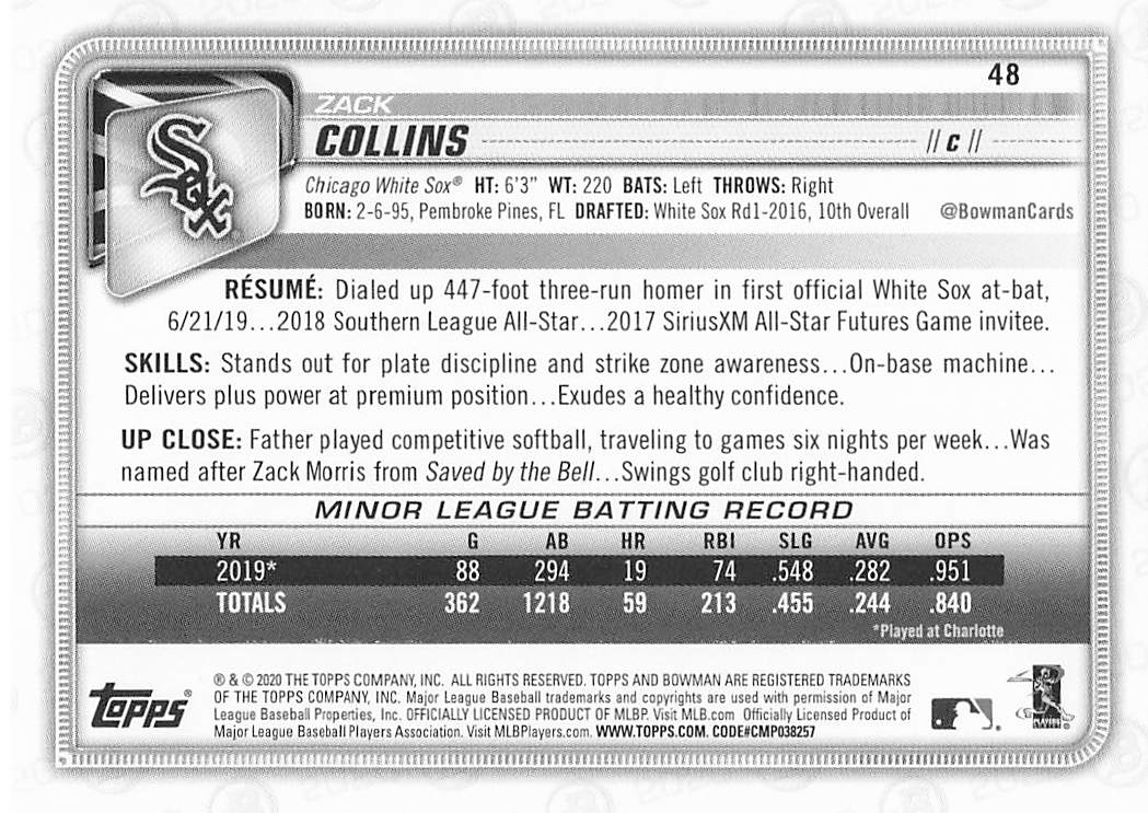 2020 Bowman Baseball Zack Collins #48 Rookie