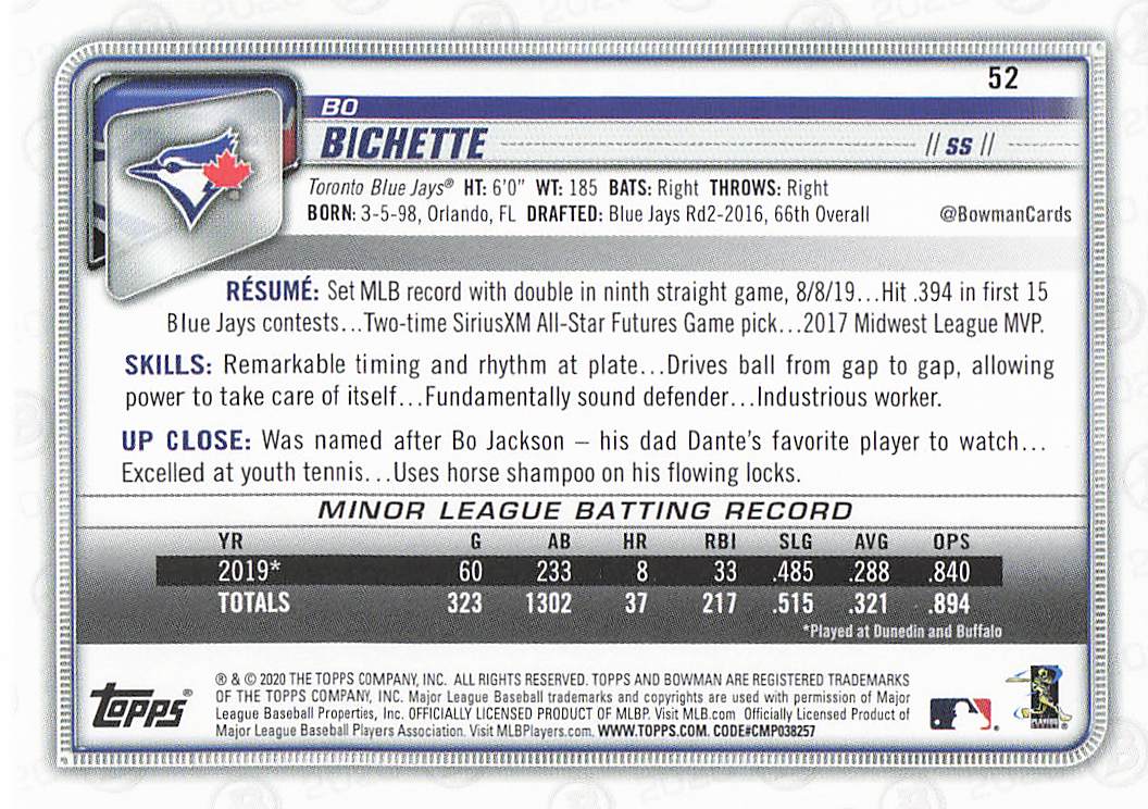 2020 Bowman Baseball Bo Bichette #52 Rookie