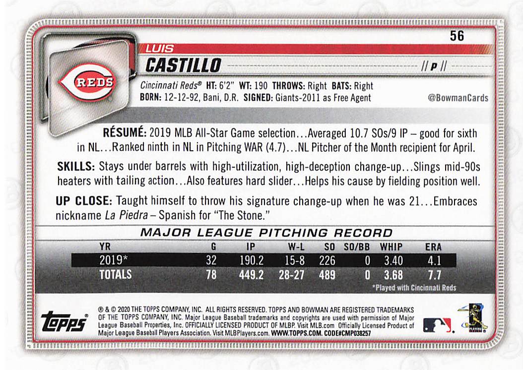 2020 Bowman Baseball Luis Castillo #56