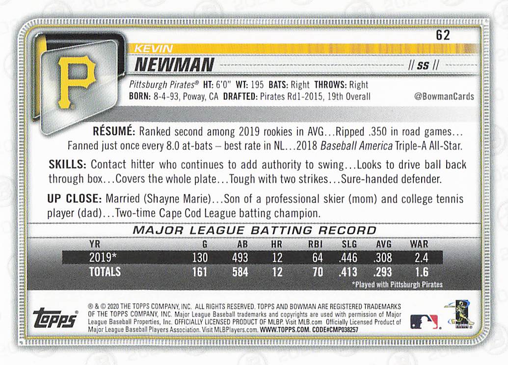 2020 Bowman Baseball Kevin Newman #62