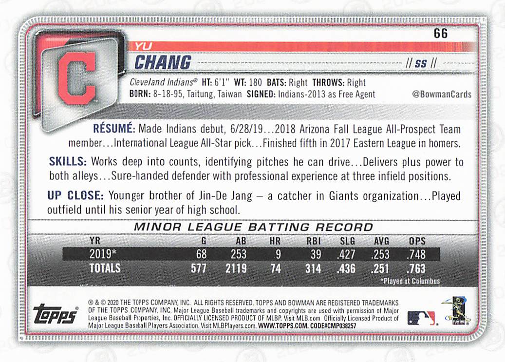 2020 Bowman Baseball Yu Chang #66 Rookie
