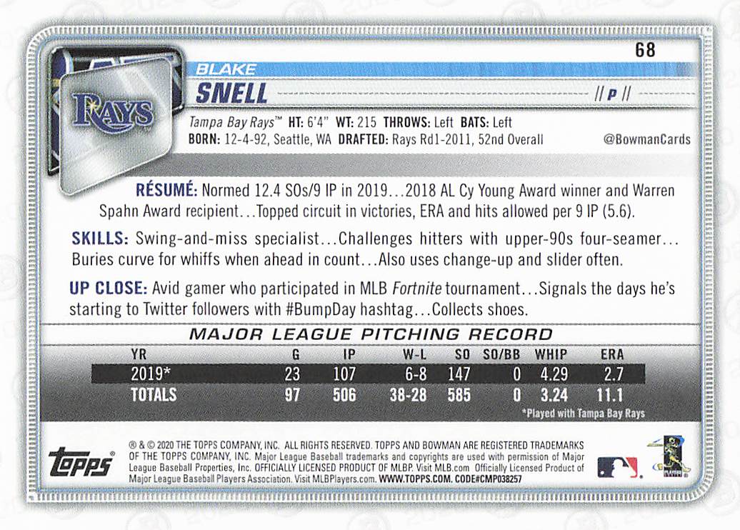 2020 Bowman Baseball Blake Snell #68