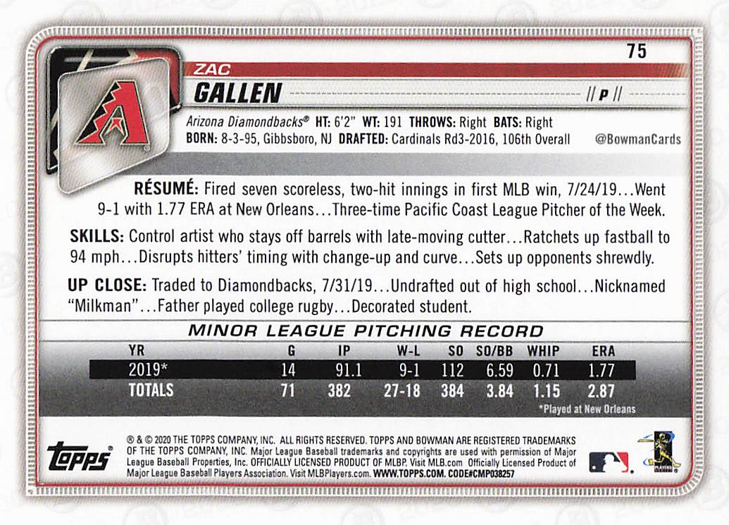 2020 Bowman Baseball Zac Gallen #75 Rookie
