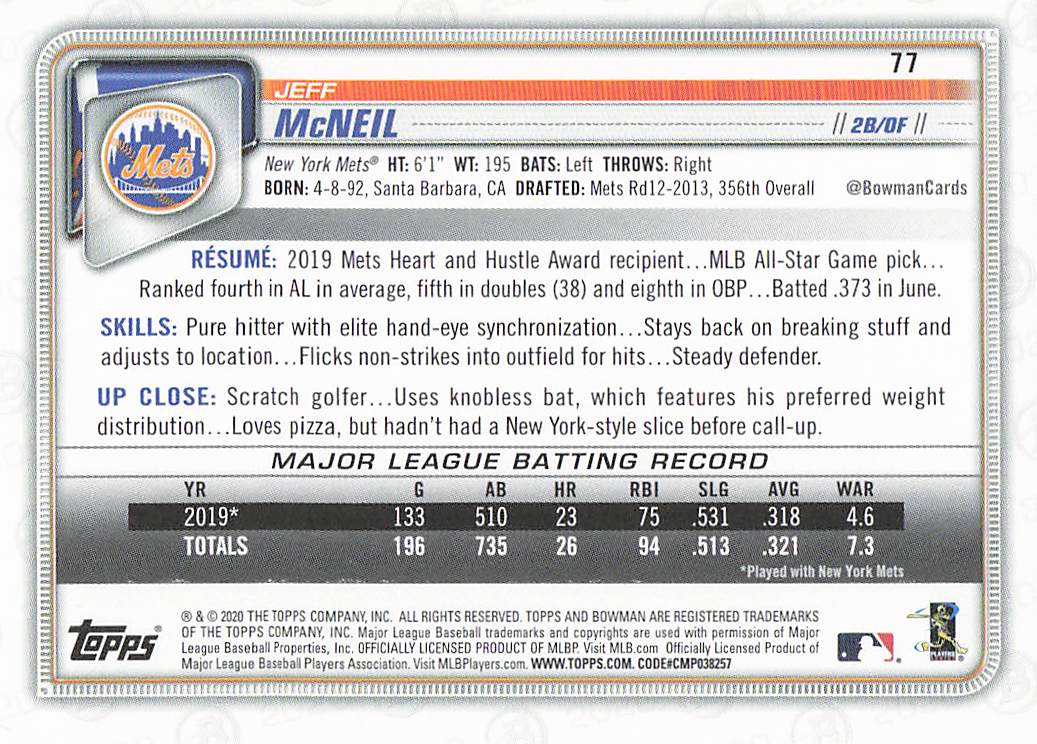 2020 Bowman Baseball Jeff McNeil #77