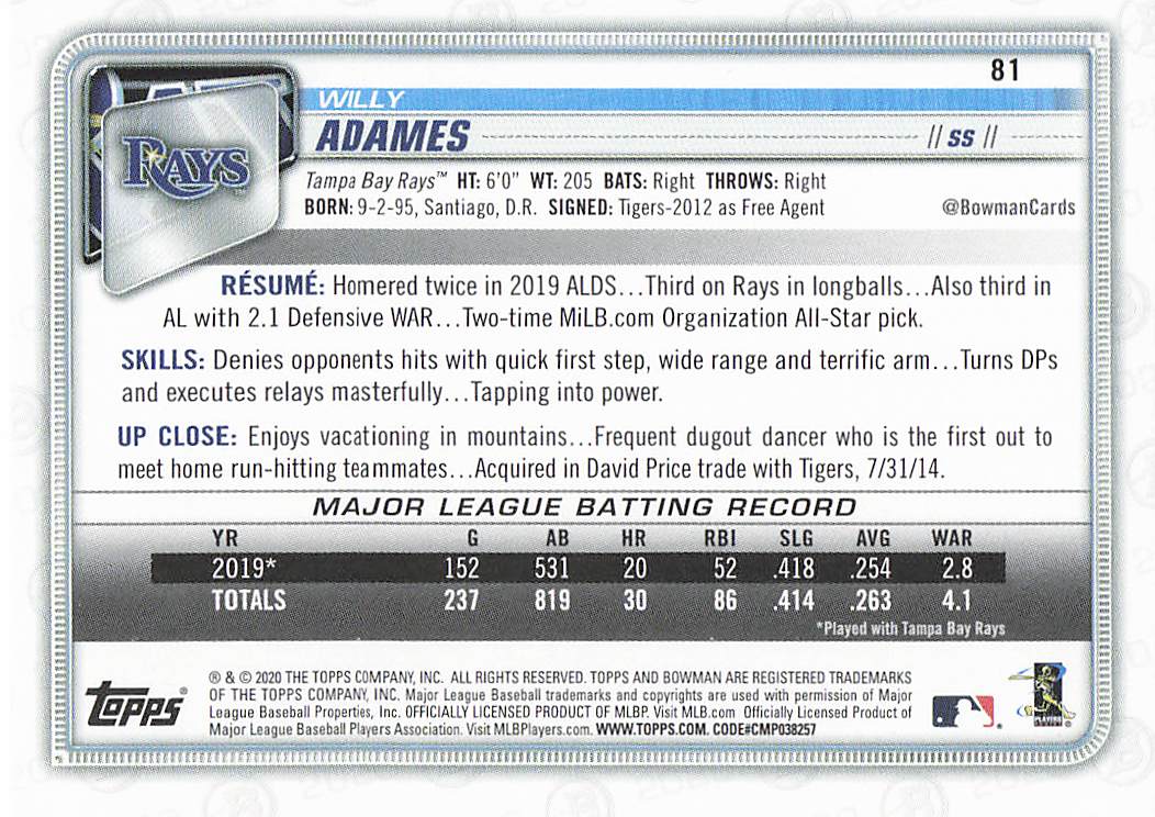 2020 Bowman Baseball Willy Adames #81