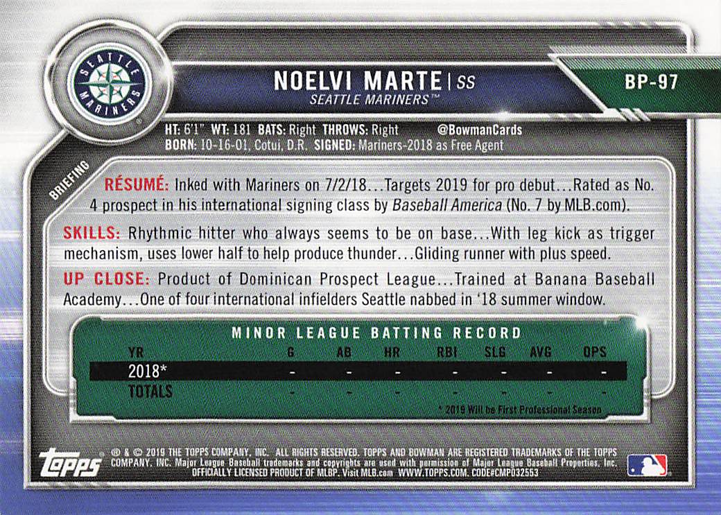 2019 Bowman Baseball Noelvi Marte #BP-97