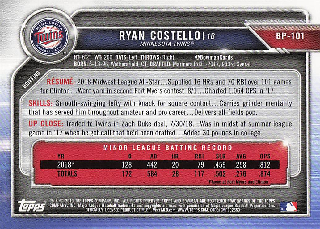 2019 Bowman Baseball Ryan Costello #BP-101