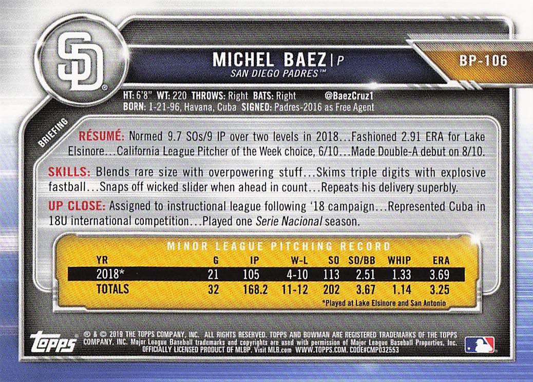 2019 Bowman Baseball Prospects Michel Baez #BP-106