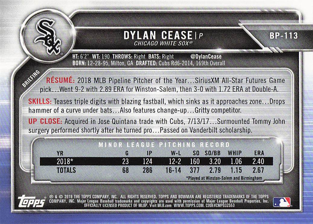 2019 Bowman Baseball Prospects Dylan Cease #BP-113