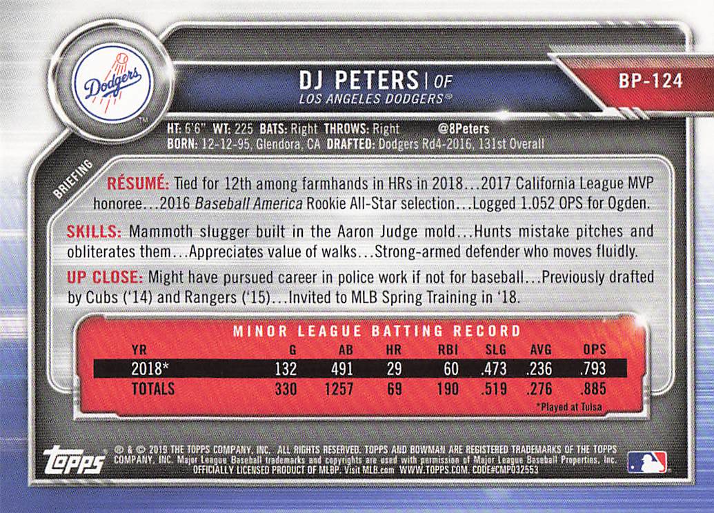 2019 Bowman Baseball Prospects DJ Peters #BP-124
