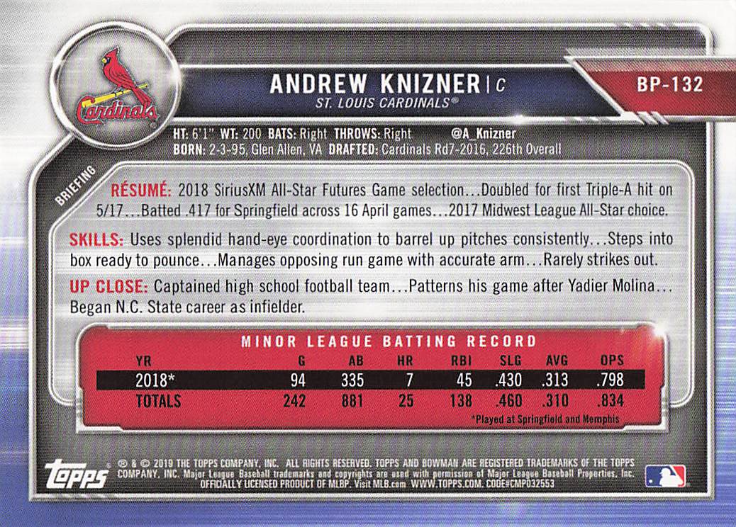 2019 Bowman Baseball Prospects Andrew Knizner #BP-132