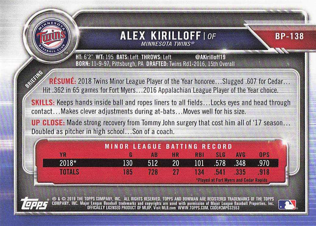 2019 Bowman Baseball Prospects Alex Kirilloff #BP-138