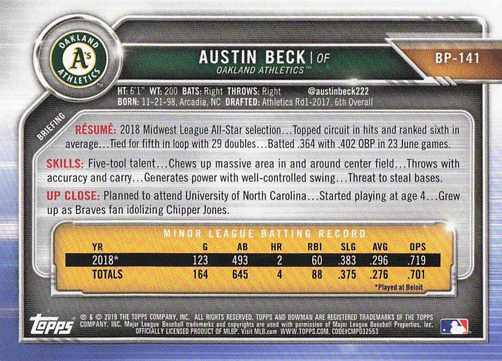 2019 Bowman Baseball Austin Beck #BP-141