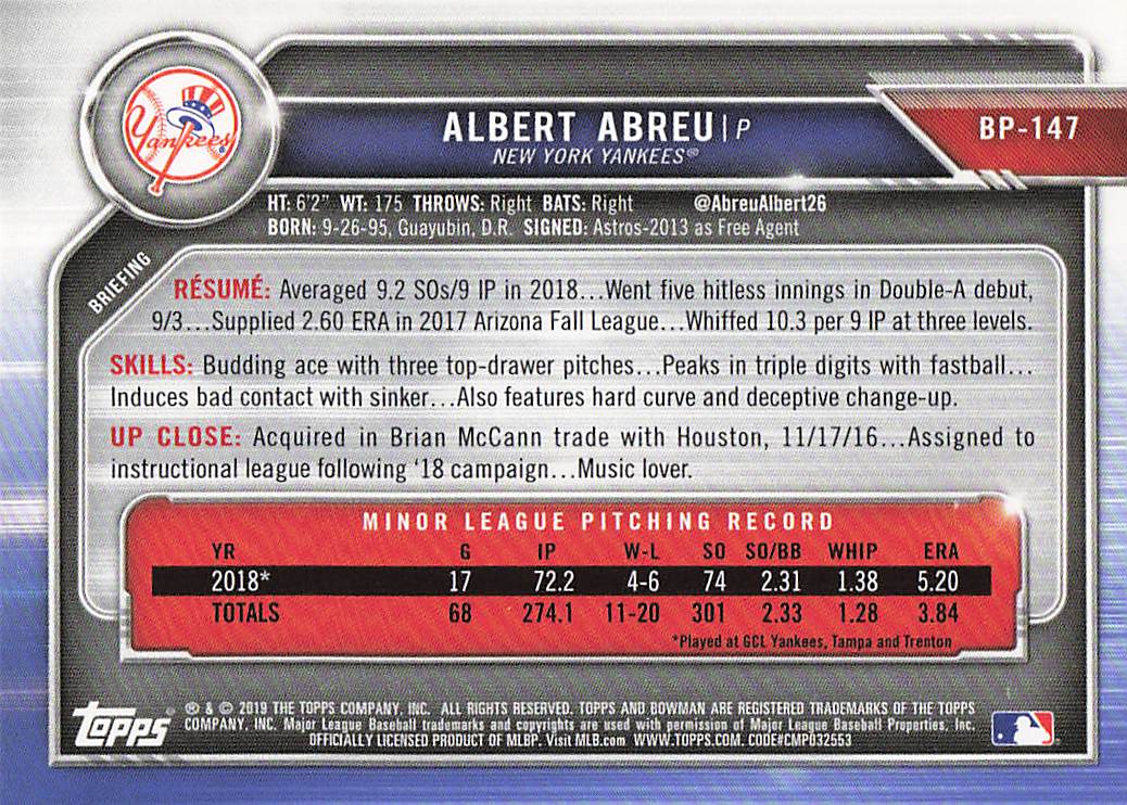 2019 Bowman Baseball Prospects Albert Abreu #BP-147