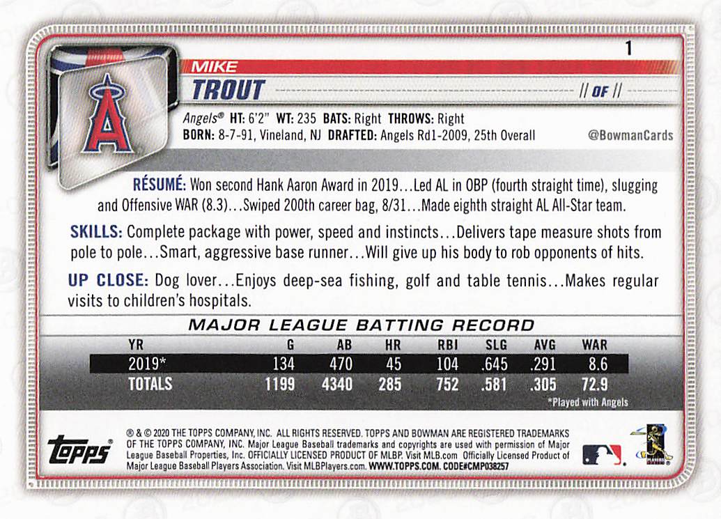 2020 Bowman Baseball Mike Trout #1
