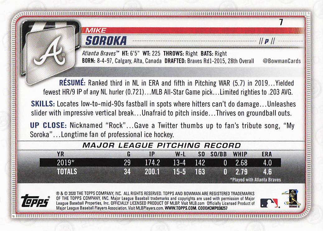2020 Bowman Baseball Mike Soroka #7