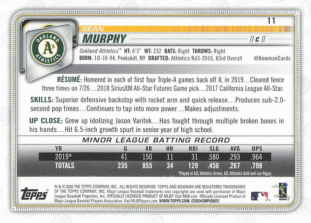 2020 Bowman Baseball Sean Murphy #11 Rookie