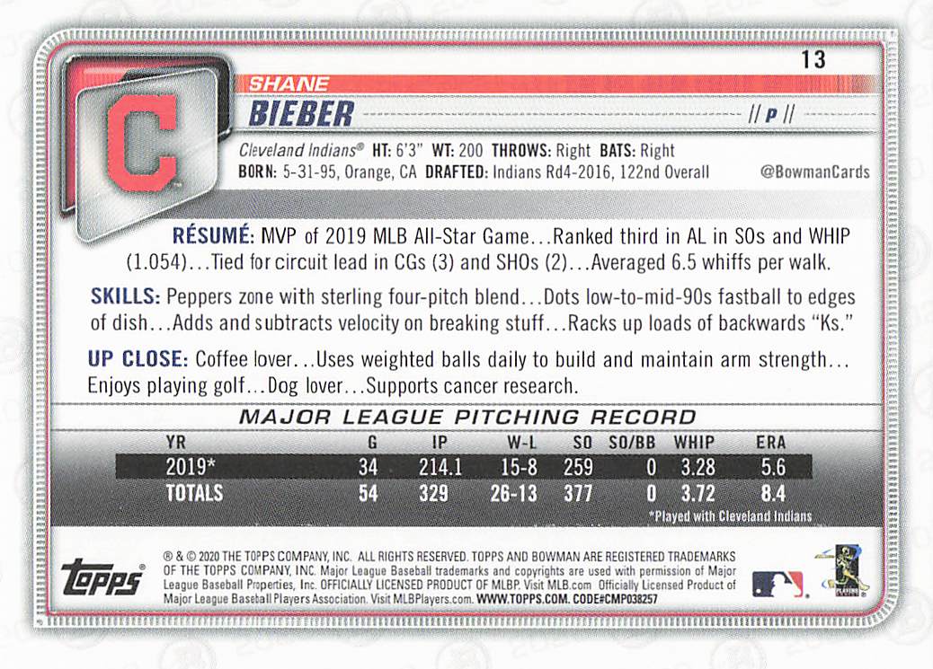 2020 Bowman Baseball Shane Bieber #13