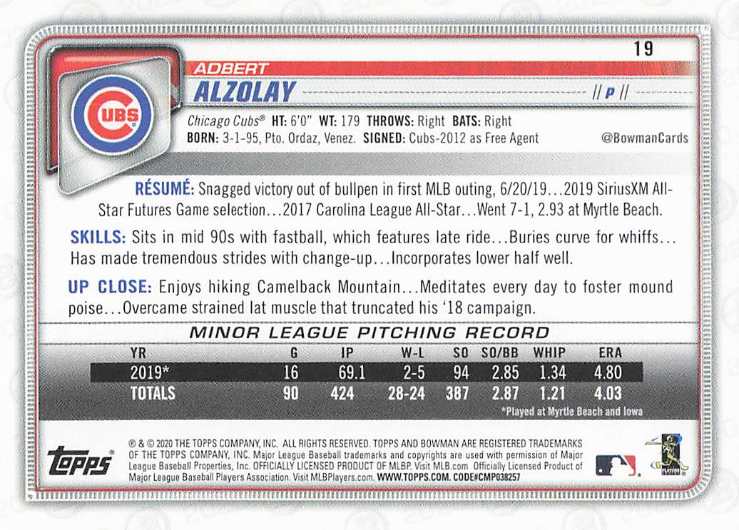 2020 Bowman Baseball Adbert Alzolay #19 Rookie