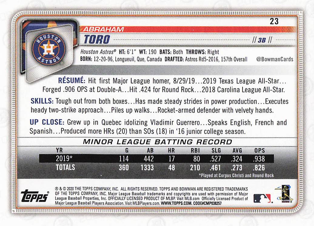2020 Bowman Baseball Abraham Toro #23 Rookie