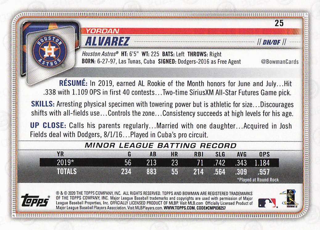 2020 Bowman Baseball Yordan Alvarez #25 Rookie