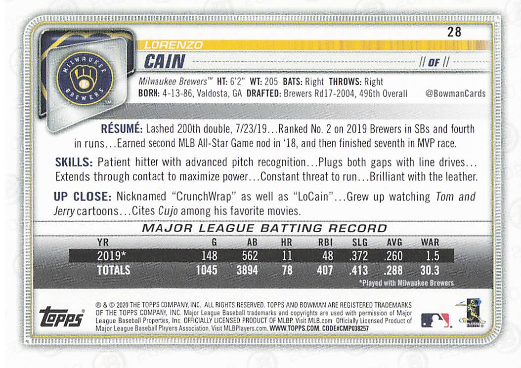 2020 Bowman Baseball Lorenzo Cain #28
