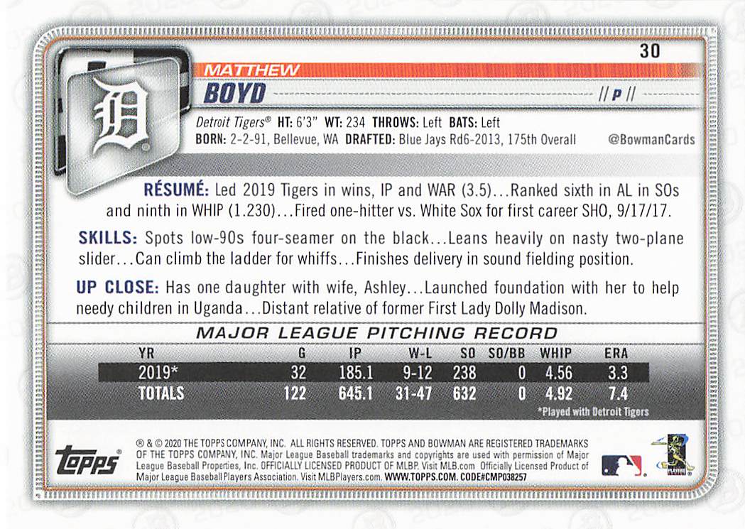 2020 Bowman Baseball Matthew Boyd #30