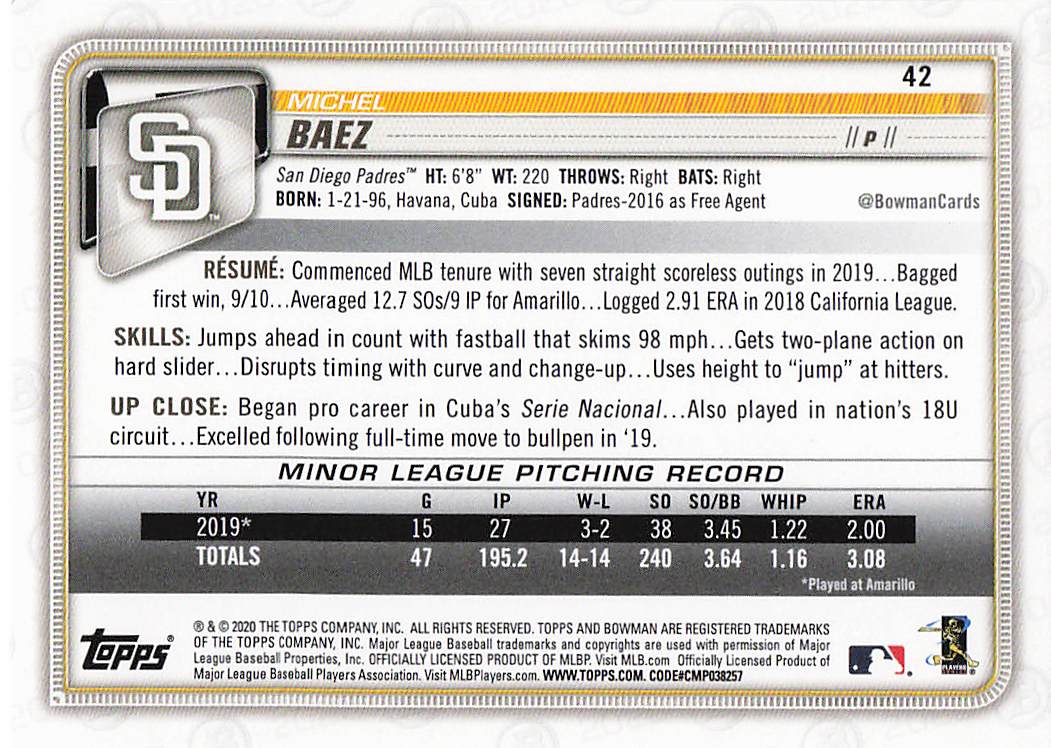 2020 Bowman Baseball Michel Baez #42 Rookie