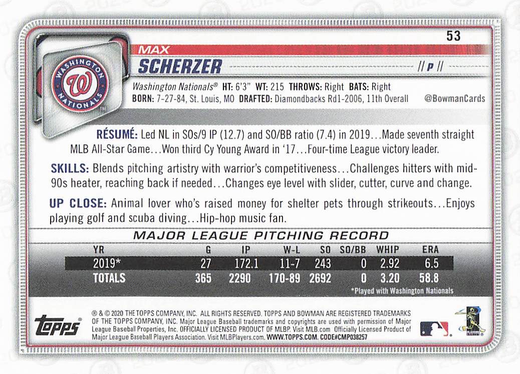2020 Bowman Baseball Max Scherzer #53