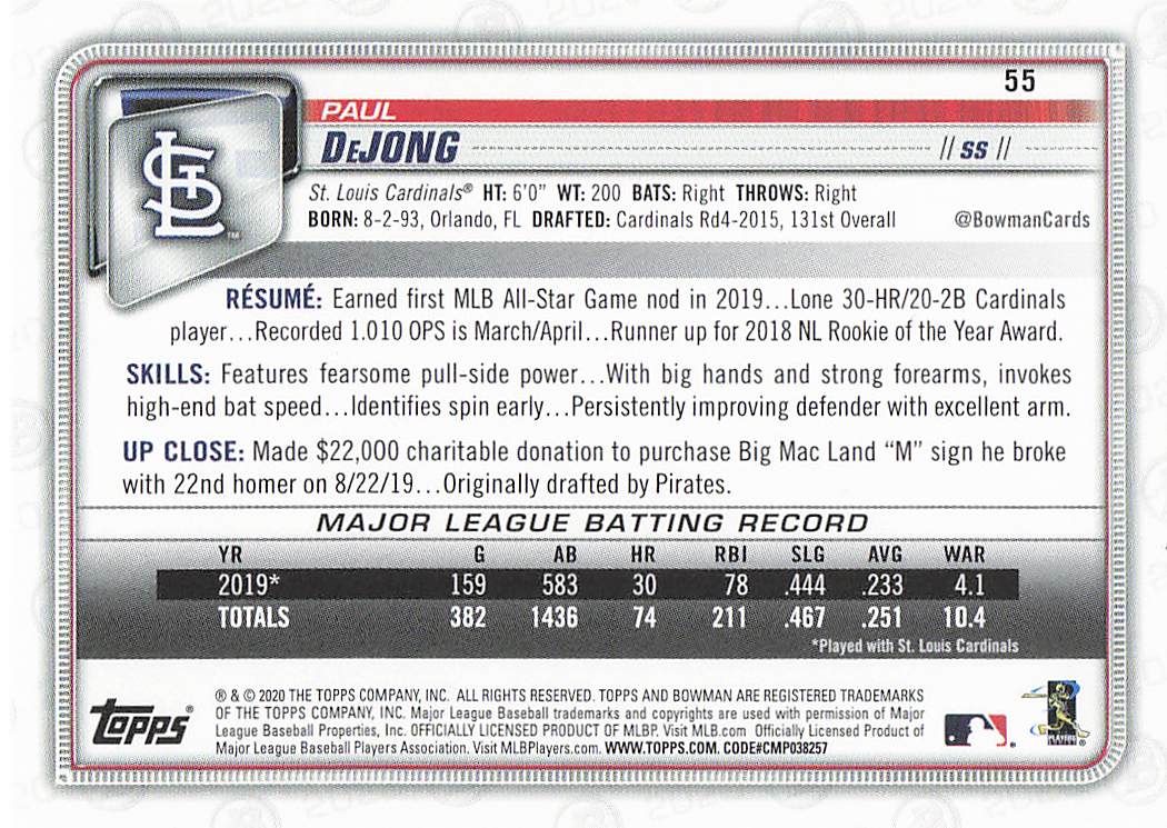 2020 Bowman Baseball Paul DeJong #55