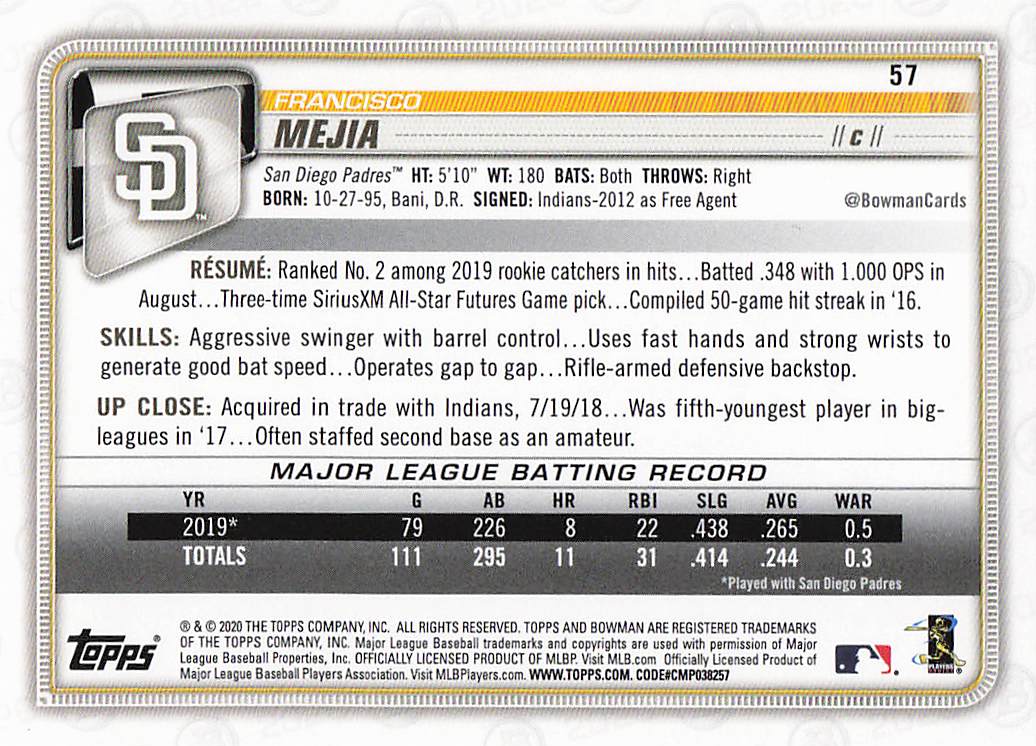 2020 Bowman Baseball Francisco Mejia #57