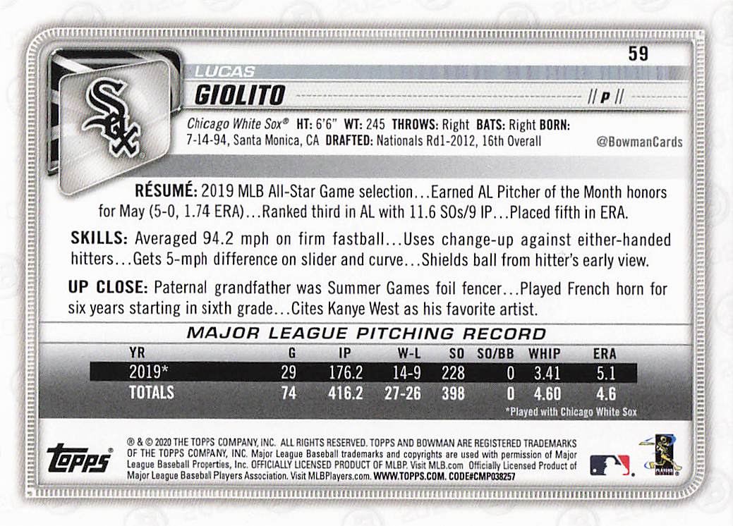 2020 Bowman Baseball Lucas Giolito #59