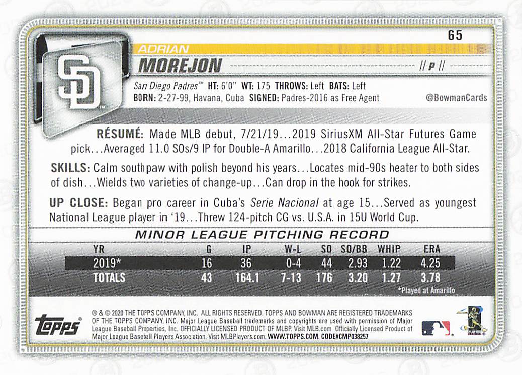 2020 Bowman Baseball Adrian Morejon #65 Rookie