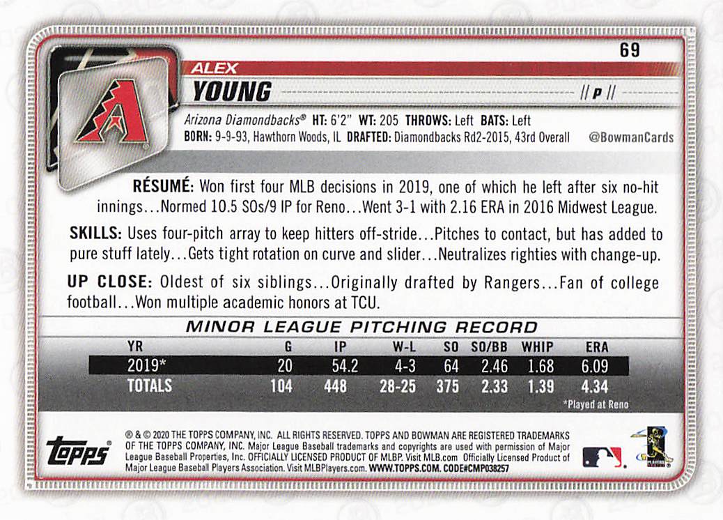 2020 Bowman Baseball Alex Young #69 Rookie