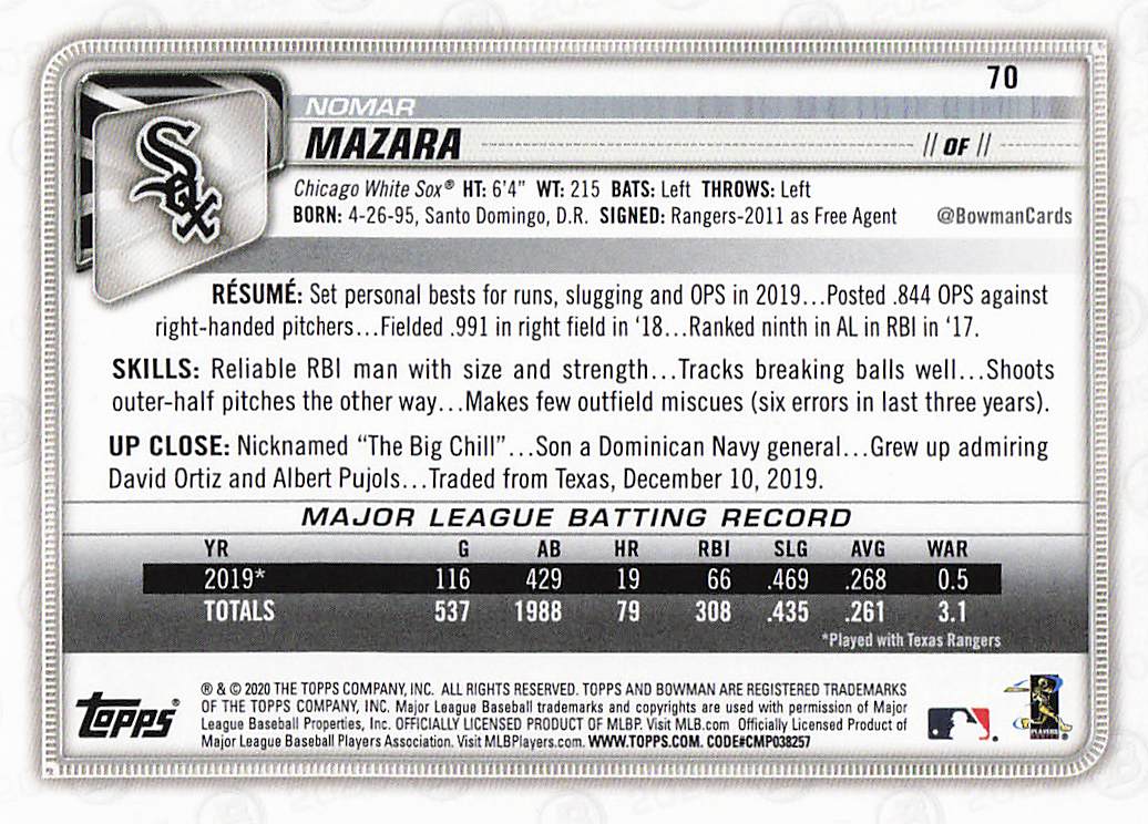 2020 Bowman Baseball Nomar Mazara #70