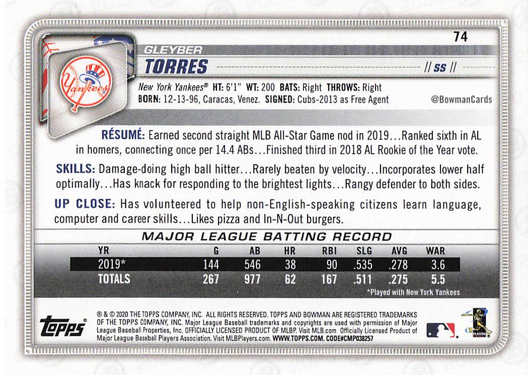 2020 Bowman Baseball Gleyber Torres #74