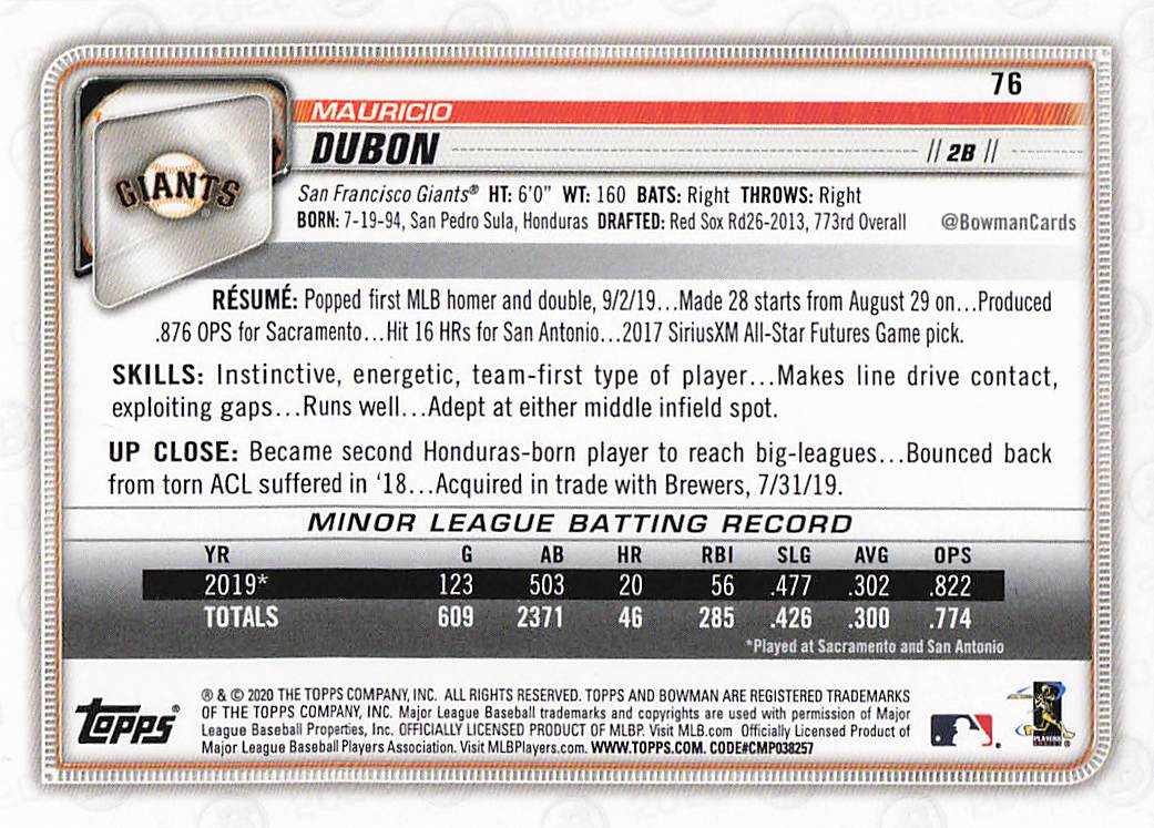 2020 Bowman Baseball Mauricio Dubon #76 Rookie