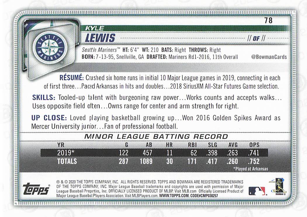 2020 Bowman Baseball Kyle Lewis #78 Rookie