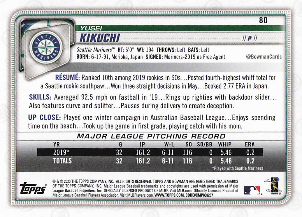 2020 Bowman Baseball Yusei Kikuchi #80
