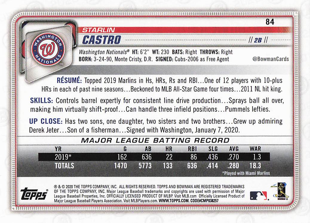 2020 Bowman Baseball Starlin Castro #84