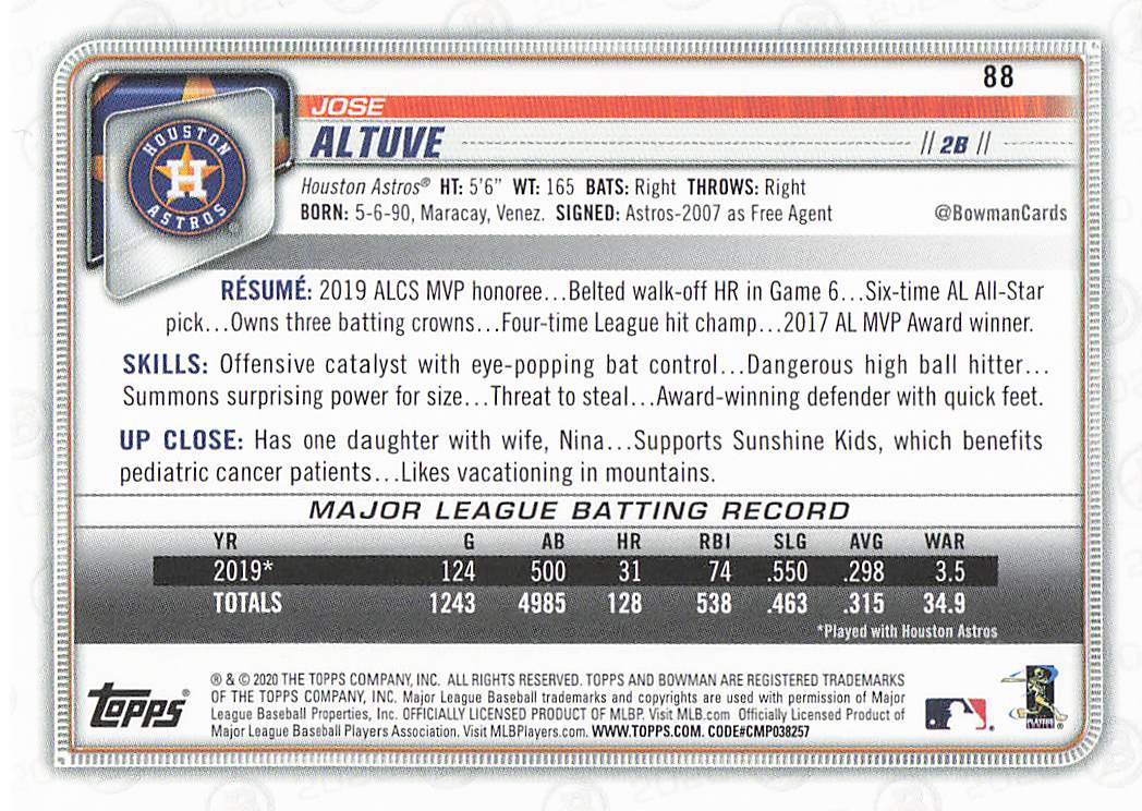2020 Bowman Baseball Jose Altuve #88