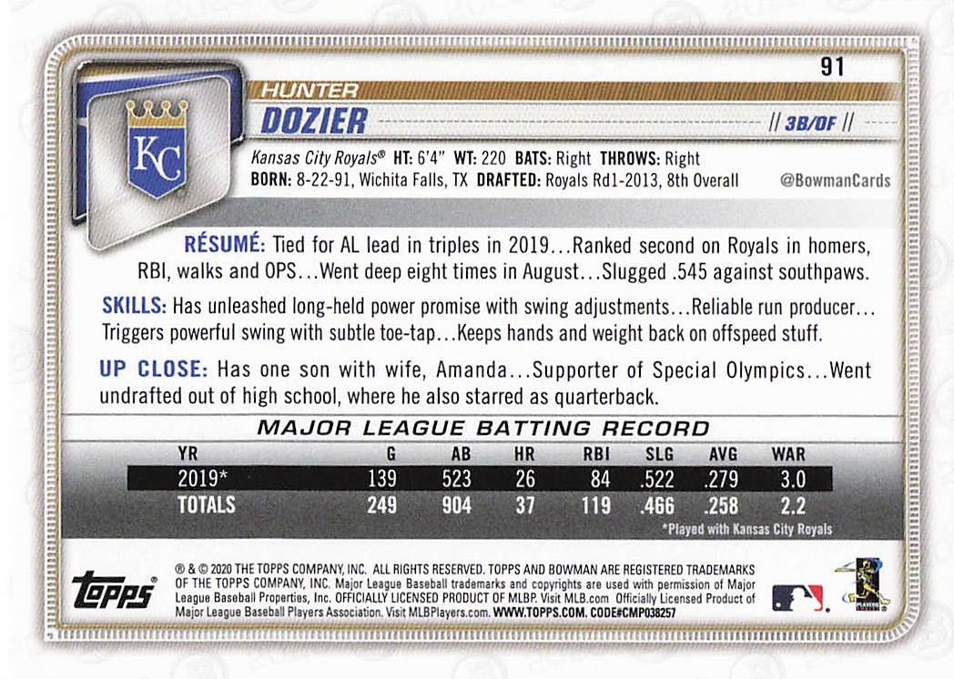 2020 Bowman Baseball Hunter Dozier #91