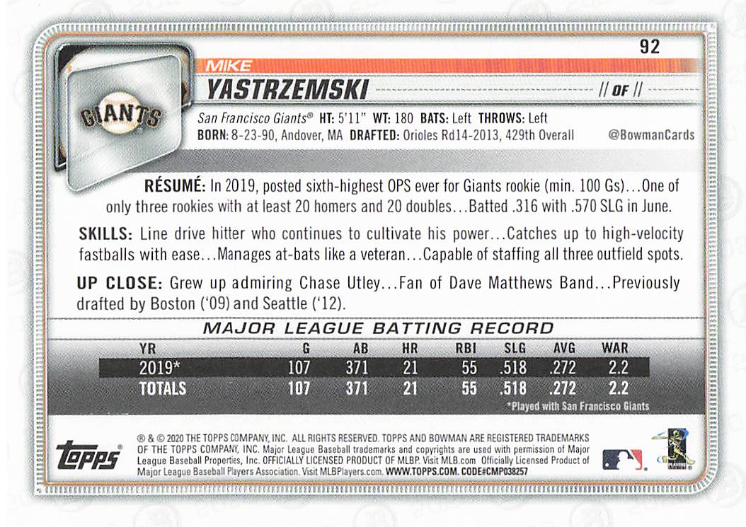 2020 Bowman Baseball Mike Yastrzemski #92