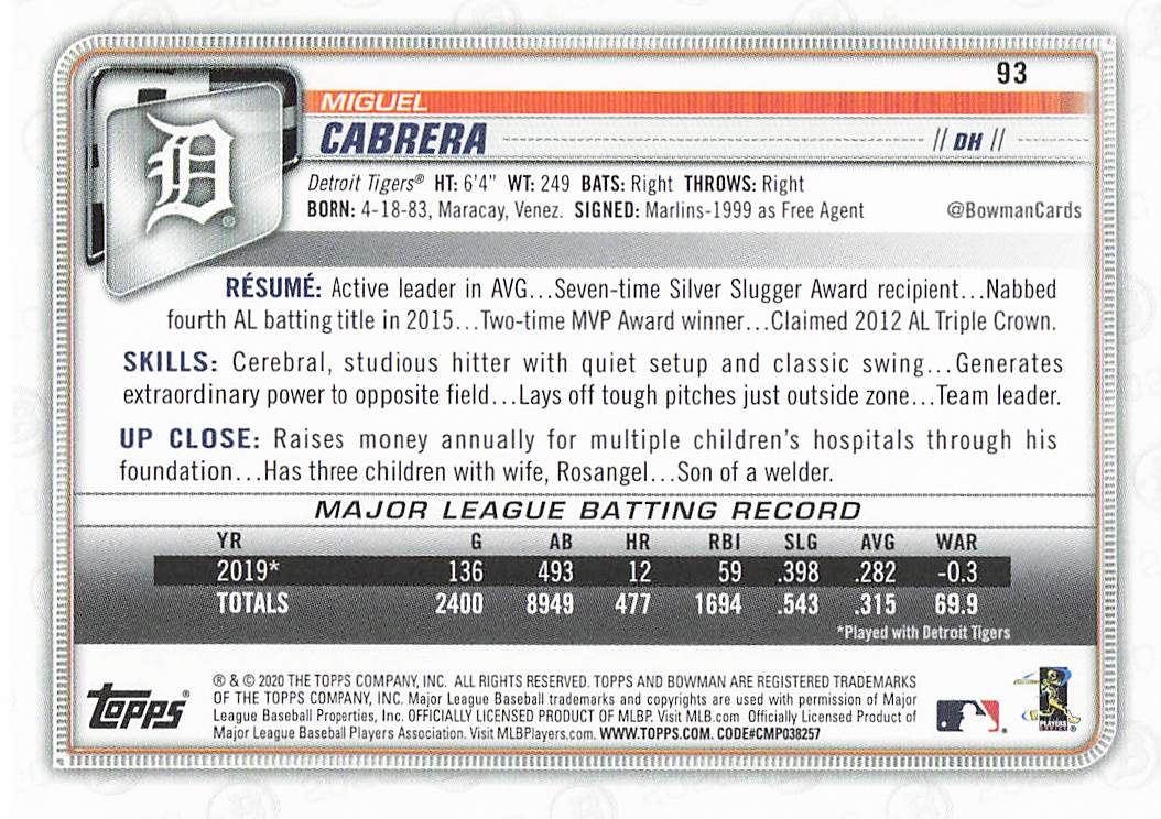 2020 Bowman Baseball Miguel Cabrera #93